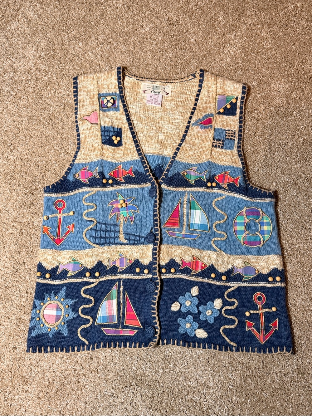 Vintage Orvis Nautical Embroidered Knit Vest in Blue and Cream